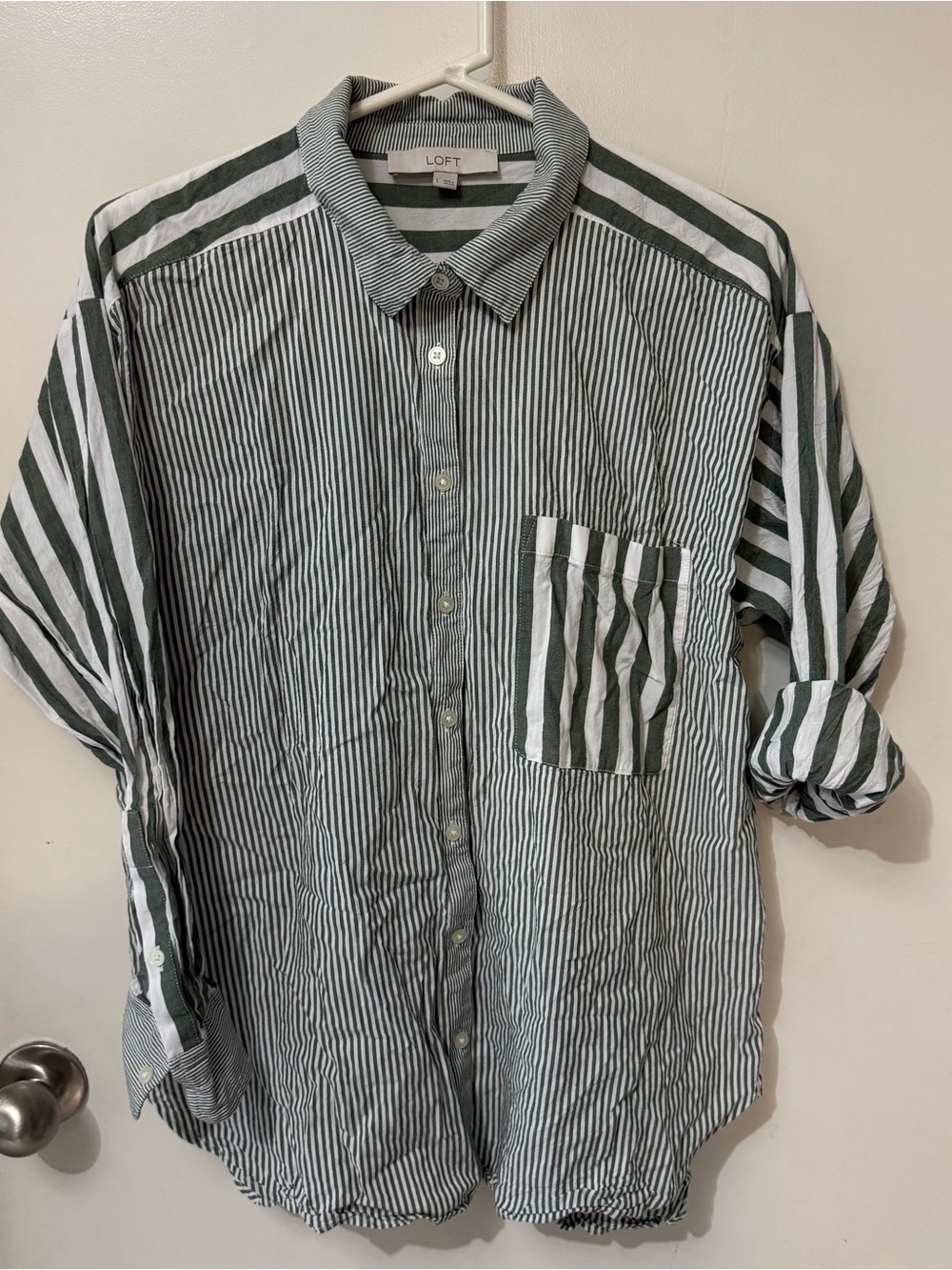 LOFT oversized women’s Green & White Striped Button-Up Shirt